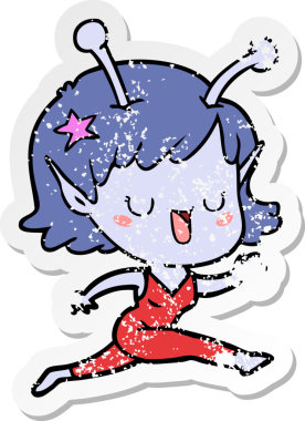 Bir insan tarafından çizilmiş mutlu uzaylı kız çizgi filminin sıkıntılı çıkartması.