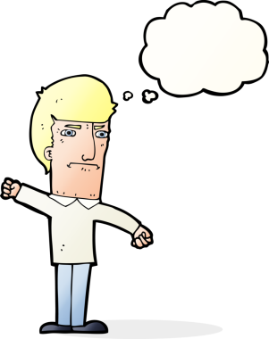 Bir insan tarafından çizilmiş düşünce baloncuğu olan kızgın bir adam.