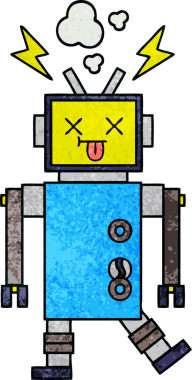Bir insan tarafından çizilen robot arızasının retro grunge desen karikatürü