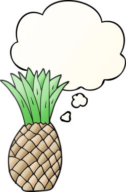 Düşünce baloncuğu olan çizgi film ananasları bir insan tarafından çizilmiş.