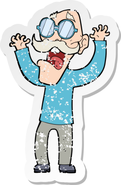 Bir insan tarafından çizilmiş gözlüklü yaşlı bir adamın karikatür yapıştırması.