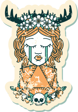 Ağlayan insan bir Druid 'in grunge çıkartması. Bir insan tarafından çizilmiş doğal bir D20 ruloyla.