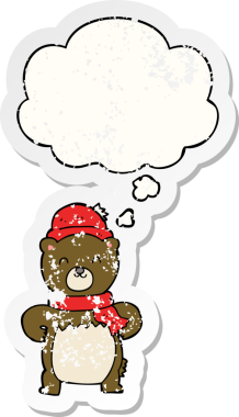 Düşünce baloncuğu olan sevimli çizgi film ayısı bir insan tarafından çizilmiş yıpranmış bir çıkartma gibi.