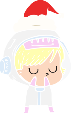 Bir insan tarafından çizilmiş Noel Baba şapkası giyen astronot bir kadının düz renkli çizimi.