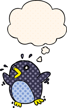 Çizgi roman tarzında bir insan tarafından çizilmiş düşünce kabarcığı olan karikatür korkmuş penguen.