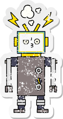 Bir insan tarafından çizilmiş sevimli bir robot çizgi film çıkartması.