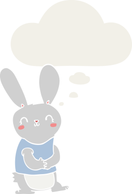 Bir insan tarafından çizilmiş düşünce baloncuklu sevimli çizgi film tavşanı.