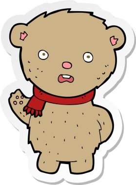 Bir insan tarafından çizilmiş eşarp takan oyuncak ayının çıkartması.