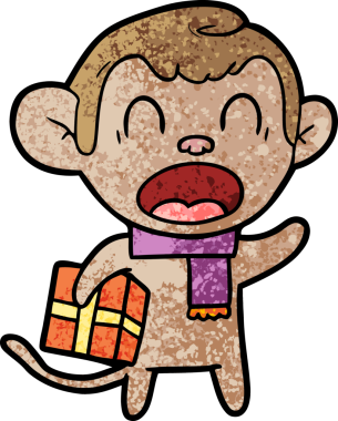 Bağıran maymun bir insan tarafından çizilmiş Noel hediyesini taşıyor.