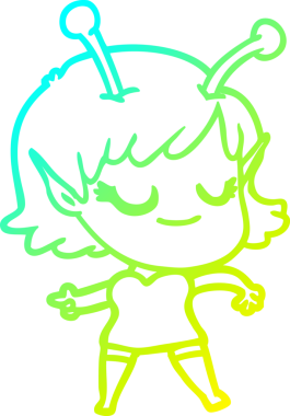 Bir insan tarafından çizilmiş gülümseyen uzaylı kız çizgi filmi.