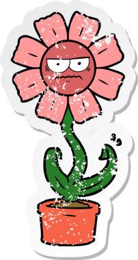 Bir insan tarafından çizilmiş kızgın bir karikatür çiçeğinin sıkıntılı çıkartması.