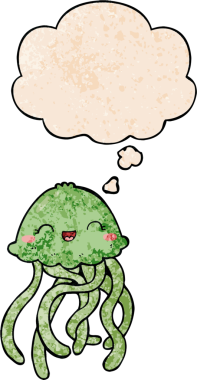 Bir insan tarafından çizilmiş grunge desenli düşünce baloncuğu olan sevimli çizgi film denizanası.