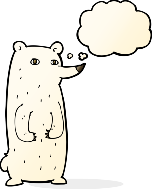 Bir insan tarafından çizilmiş düşünce baloncuklu komik kutup ayısı.