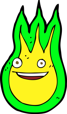 Bir insan tarafından çizilmiş çizgi film dostu ateş topu.