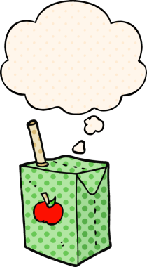 Çizgi roman tarzında bir insan tarafından çizilmiş düşünce baloncuklu elma suyu kutusu.