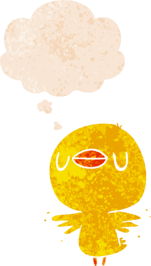 Düşünce baloncuğuyla kanat çırpan karikatür yavrusu grunge 'da sıkıntılı eski moda bir insan tarafından çizilmiş.