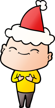 Mutlu el çizimi, bir insan tarafından çizilmiş Noel Baba şapkası giymiş kel bir adamın çizgi filmi.