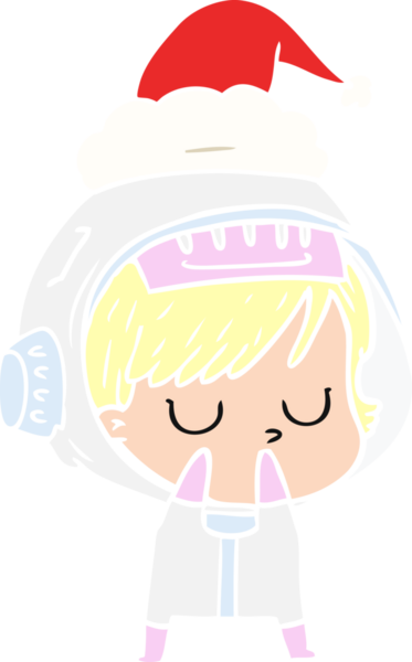 Bir insan tarafından çizilmiş Noel Baba şapkası giyen astronot bir kadının düz renkli çizimi.