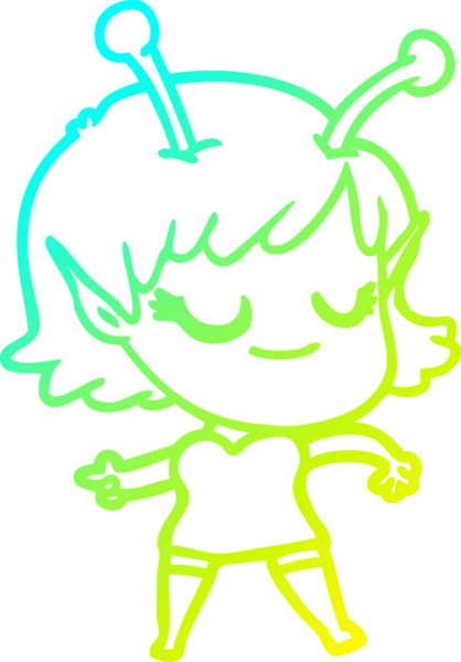 Bir insan tarafından çizilmiş gülümseyen uzaylı kız çizgi filmi.