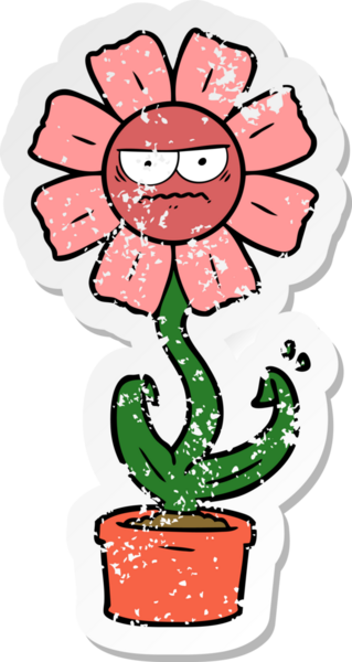 Bir insan tarafından çizilmiş kızgın bir karikatür çiçeğinin sıkıntılı çıkartması.