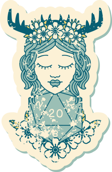 Bir insan tarafından çizilmiş doğal yirmi zarlı bir Druid 'in grunge çıkartması.