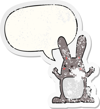 Konuşma baloncuğu olan çizgi film tavşanı bir insan tarafından çizilmiş sıkıntılı eski bir çıkartma