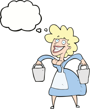 Bir insan tarafından çizilmiş düşünce baloncukları taşıyan sütçü kız.