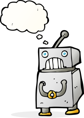 Bir insan tarafından çizilmiş düşünce baloncuklu çizgi film robotu