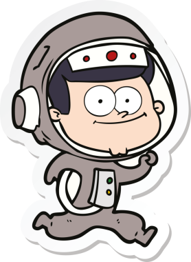 Bir insan tarafından çizilmiş mutlu bir astronot çizgi filminin çıkartması.