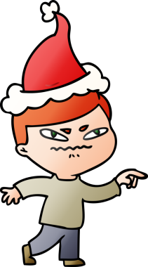 Bir insan tarafından çizilmiş Noel Baba şapkası giymiş kızgın bir adamın el çizimi karikatürü.