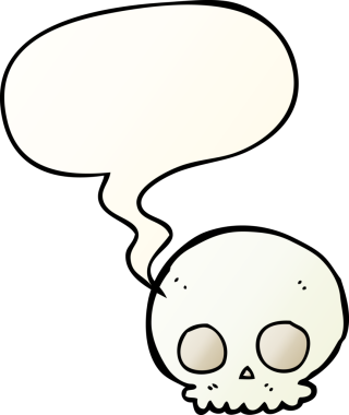 bir insan tarafından çizilmiş, konuşma baloncuklu karikatür kafatası.