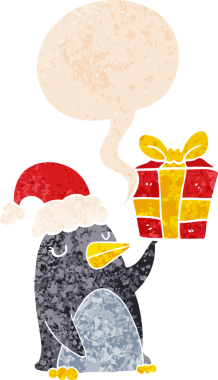 Karikatür pengueni Noel 'de konuşma baloncuğuyla birlikte grunge dertli eski moda bir insan tarafından çizilmiş.