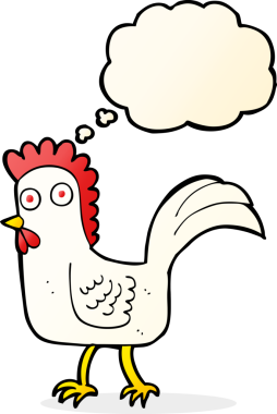Bir insan tarafından çizilmiş düşünce balonlu çizgi film tavuğu.