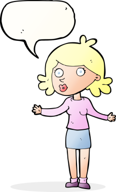 Bir insan tarafından çizilmiş konuşma balonu olan kafası karışık bir kadın çizgi filmi.