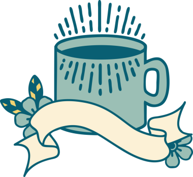 Geleneksel dövme ve bir insan tarafından çizilmiş bir fincan kahve.