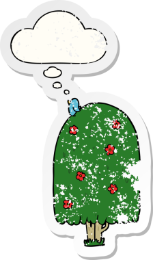 Düşünce baloncuğu olan karikatür boyunda ağaç insan tarafından çizilmiş yıpranmış bir çıkartma.