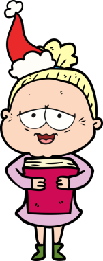 Bir insan tarafından çizilmiş Noel Baba şapkası giyen mutlu yaşlı bir kadının el çizimi.