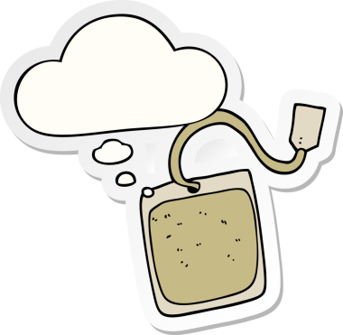 İnsan tarafından çizilmiş bir çıkartma olarak düşünce baloncuğu olan karikatür çay poşeti.