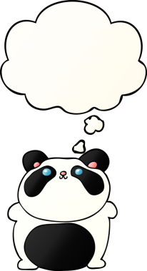 Düşünce baloncuğu olan karikatür panda bir insan tarafından çizilmiş.