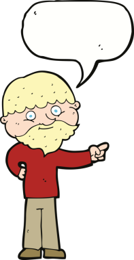 Karikatür sakallı adam bir insan tarafından çizilmiş konuşma balonuyla işaret ediyor.