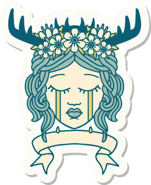 Ağlayan bir insan rahibin çıkartması. Bir insan tarafından çizilmiş pankartıyla.