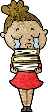 Bir insan tarafından çizilmiş kitap yığınıyla ağlayan kadın çizgi filmi.