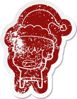 Bir insan tarafından çizilmiş Noel Baba şapkası takan bir çocuğun endişeli karikatürü.