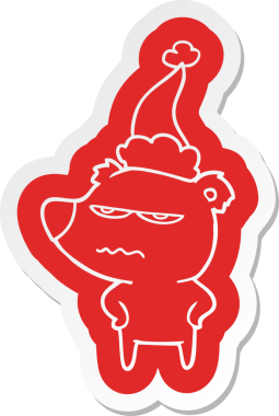 Kızgın ayı kutup ayısı garip çizgi film çıkartması. Bir insan tarafından çizilmiş Noel Baba şapkası.