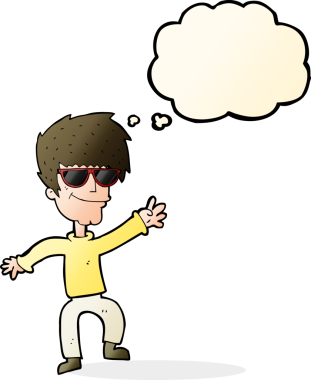 Bir insan tarafından çizilmiş düşünce balonlu havalı adamı sallayan karikatür.