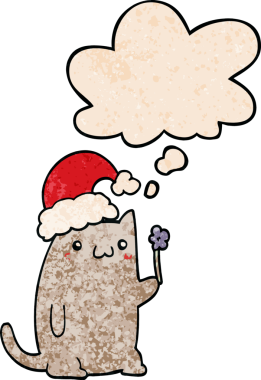 Bir insan tarafından çizilmiş grunge desenli düşünce baloncuğu olan şirin bir çizgi roman kedisi.