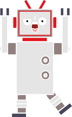 Bir insan tarafından çizilmiş kızgın bir robotun düz renkli retro karikatürü