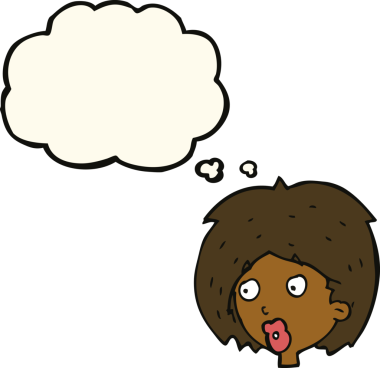 Bir insan tarafından çizilmiş düşünce baloncuğuyla bakan çizgi film kadını.