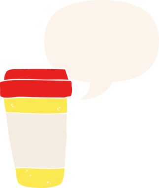 bir insan tarafından çizilmiş, konuşma baloncuklu çizgi film kahve fincanı.