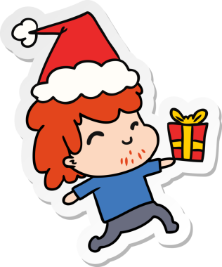 Bir insan tarafından çizilmiş Kawai çocuğunun el çizimi Noel çıkartması.